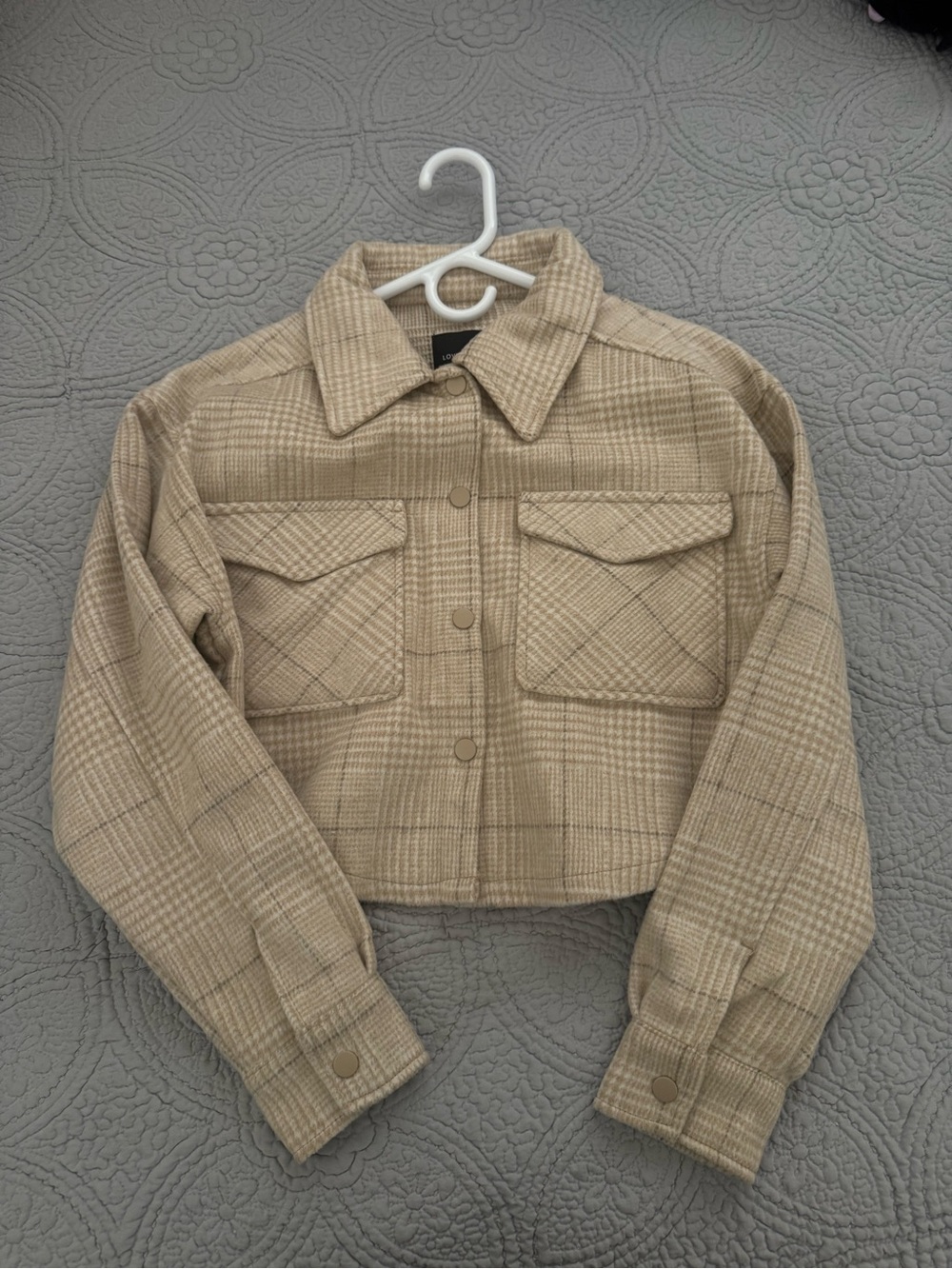 Love Tree Cropped Plaid Utility Jacket in Beige